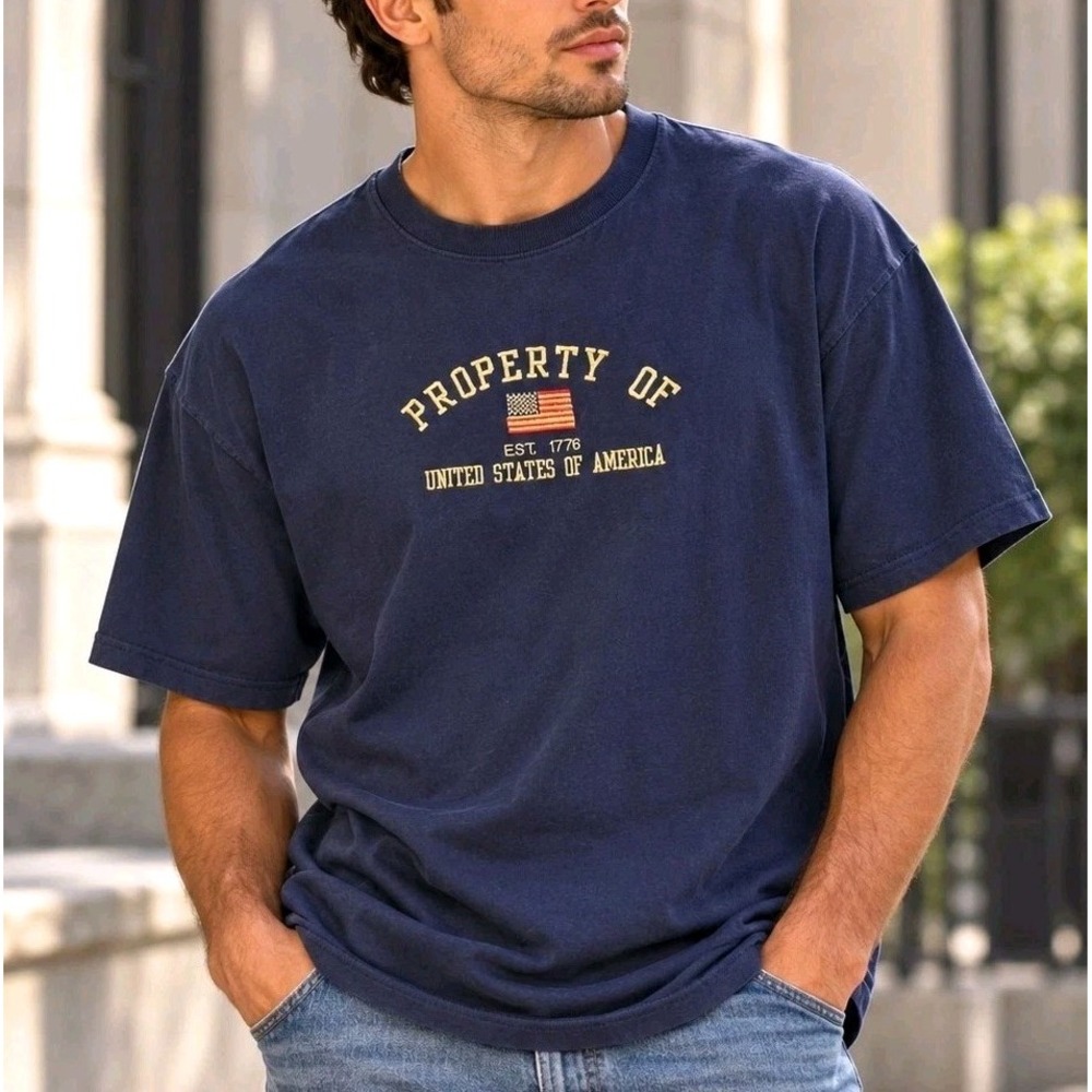 Old Varsity Brand OVB Property Of USA 1776 T Shirt Mens Large Navy Embroidered